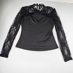 Black Lace Long Sleeve Sweetheart Top Mock Neck Whimsigoth Y2K Vampy Grunge S